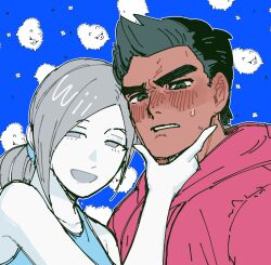  1boy 1girl :d black_hair blue_background blue_tank_top blush colored_skin dancho_no_mori dark-skinned_male dark_skin grey_eyes grey_hair hand_on_another's_chin hand_on_another's_face hetero highres hood hoodie humanization limited_palette little_mac looking_at_viewer low_ponytail open_mouth pale_skin parted_lips pink_hoodie ponytail punch-out!! short_hair sketch smile super_smash_bros. sweat sweatdrop tank_top thick_eyebrows upper_body white_skin wii_fit wii_fit_trainer_(female) 