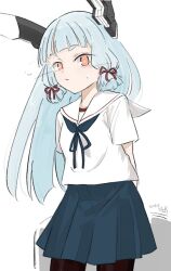  1girl alternate_costume black_pantyhose blue_hair blue_neckerchief blue_skirt blunt_bangs blunt_tresses blush cowboy_shot dated floating_headgear hair_ribbon headgear hikashima_(shiofune) kantai_collection long_hair looking_at_viewer murakumo_(kancolle) neckerchief orange_eyes pantyhose pleated_skirt pout red_ribbon ribbon sailor_collar shirt short_sleeves sidelocks signature simple_background skirt solo standing sweat tress_ribbon very_long_hair white_background white_sailor_collar white_shirt 