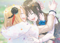  2girls aoi_erika black_hair blonde_hair blue_bow blue_bowtie bow bowtie closed_eyes coat fur_coat heaven_burns_red highres hug jewelry minase_ichigo multiple_girls open_mouth ring short_hair teeth upper_teeth_only wbon white_fur yuri 