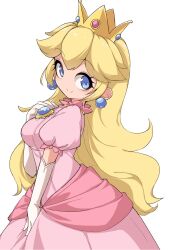  1girl blonde_hair blue_eyes blue_gem brooch collared_dress commentary crown dress earrings elbow_gloves fun_bo gem gloves gold_crown hair_flaps hand_on_own_chest highres jewelry long_dress long_hair looking_at_viewer mini_crown no_nose pink_dress pink_trim pointed_crown princess_peach puffy_short_sleeves puffy_sleeves red_gem short_sleeves sidelocks solo sphere_earrings super_mario_bros. white_background white_gloves yellow_crown 