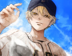  1boy ayasegawa_jirou baseball_cap baseball_jersey baseball_uniform black_hat blonde_hair blue_background commentary_request day diamond_no_kouzai hair_between_eyes hand_up hat highres izuki_(anyfree1121) jersey looking_at_viewer outdoors solo sportswear yellow_eyes 