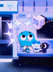 :d camera chiikawa closed_eyes commentary computer gumball_watterson hachiware_(chiikawa) happi_115 highres holding holding_camera hugging_own_legs looking_to_the_side looking_up luo_xiaohei luo_xiaohei_(cat) sitting smile the_amazing_world_of_gumball the_legend_of_luo_xiaohei train untranslatable_commentary 