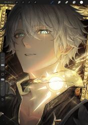  1boy art_program_in_frame black_background black_choker black_shirt blue_eyes choker collared_shirt commentary highres honkai:_star_rail honkai_(series) kashiba_(iiiiii_kasba) male_focus neck_tattoo open_collar parted_bangs parted_lips phainon_(honkai:_star_rail) picture_frame portrait shirt short_hair solo sun_symbol sun_tattoo tattoo white_hair 