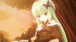  1boy 1girl :d anime_coloring arichi_masaomi bare_shoulders black_kimono blunt_bangs brown_hair butterfly_hair_ornament chinese_commentary closed_mouth commentary_request criss-cross_halter eyes_visible_through_hair green_hair hair_between_eyes hair_ornament hair_ribbon halterneck headpat highres hime_cut japanese_clothes kimono lap_pillow long_hair long_ribbon long_sleeves looking_at_another looking_down lying murasame_(senren) on_back orange_sky outdoors pom_pom_(clothes) red_eyes red_ribbon red_sash ribbon sash senren_banka short_hair sidelocks sitting sky smile split_mouth straight_hair sunlight sunset tree tsurime two_side_up upper_body user_rntw2735 very_long_hair wide_sleeves 