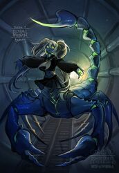 1girl arachnid_humanoid arthropod_girl blue_skin colored_skin fangs green_eyes highres hogara_18 monster_girl original pincers scorpion_girl scorpion_tail tail twintails 