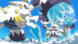  blacknirrow blank_eyes blue_sky commentary crabominable day highres ice mega_crabominable mega_pokemon no_humans open_mouth outdoors outline pokemon pokemon_(creature) pokemon_focus sky snow teeth white_outline 