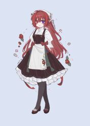  1girl :3 ???_(assault_lily) ahoge apron arms_behind_back assault_lily black_pantyhose blue_background blue_eyes blush bow brown_dress brown_shoes chinese_commentary closed_mouth commentary_request dated dress flats flower food footwear_bow frilled_dress frills fruit full_body gatti_love german_clothes hair_between_eyes headscarf heterochromia highres light_smile long_hair pantyhose pinafore_dress red_bow red_eyes red_flower red_hair shirt shoes simple_background sleeveless sleeveless_dress solo standing strawberry three-quarter_sleeves very_long_hair waist_apron white_apron white_headscarf white_shirt 