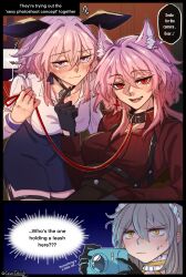  3girls absurdres alternate_costume animal_ears blue_eyes blush camera cesar_zebrah choker choker_pull collar collarbone commentary dog_ears english_commentary english_text enmaided evernight_(honkai:_star_rail) fang frilled_choker frills grey_hair hair_between_eyes highres holding holding_camera holding_leash honkai:_star_rail honkai_(series) kemonomimi_mode leash long_sleeves maid maid_headdress march_7th_(honkai:_star_rail) multiple_girls open_mouth pink_hair red_eyes short_hair_with_long_locks smile stelle_(honkai:_star_rail) sweat taking_picture trailblazer_(honkai:_star_rail) twitter_username yellow_eyes yuri 