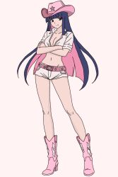  bare_arms bare_legs belt boots cowboy_hat crossed_arms hat highres long_hair non-web_source panty_&amp;_stocking_with_garterbelt pink_belt pink_boots pink_hair purple_hair short_sleeves shorts stocking_(psg) violet_eyes 
