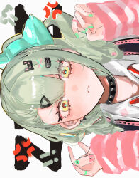  1girl absurdres anger_vein arm_warmers bandaid bandaid_hair_ornament blush closed_mouth collar commentary_request green_eyes green_nails hair_ornament hands_up heart heart_hair_ornament highres looking_at_viewer multicolored_nails multiple_hair_clips necktie pink_arm_warmers pink_nails pof_h0 portrait red_necktie shirt sideways simple_background solo striped_arm_warmers sunna_(zenless_zone_zero) white_background white_shirt zenless_zone_zero 