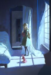  2girls ascot bed bedroom black_thighhighs blonde_hair blue_ascot blue_eyes brown_hair brush_stroke closed_mouth collared_dress collared_shirt crack_of_light curtains door dot_nose dress full_body green_dress hand_up highres holding holding_cloth holding_stuffed_toy ib_(ib) ib_(kouri) indoors juliet_sleeves long_hair long_sleeves looking_at_viewer mary_(ib) mirror multiple_girls no_aid painterly pleated_skirt puffy_sleeves red_ascot red_skirt reflection shirt sidelighting skirt smile stuffed_animal stuffed_rabbit stuffed_toy thigh-highs watermark wavy_hair white_shirt window window_shadow 