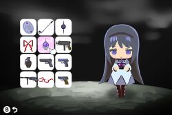  1girl akemi_homura akemi_homura_(magical_girl) argyle_clothes black_background black_hair black_pantyhose blush blush_stickers bow bowtie chibi collar dress equipment_screen explosive expressionless fake_screenshot golf_club grenade gun hairband hand_cursor handgun holding layered_dress layered_sleeves long_hair looking_at_viewer mahou_shoujo_madoka_magica pantyhose shield sidelocks solo soul_gem submachine_gun two-tone_dress unworn_eyewear video_game violet_eyes weapon white_dress xgshjsgha 