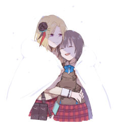  2girls aoi_erika blonde_hair brown_hair closed_mouth coat commentary_request doll fur_coat grey_vest heaven_burns_red highres hug hug_from_side minase_ichigo multiple_girls open_mouth sailor_collar shirt short_hair simple_background stuffed_toy vest violet_eyes wbon white_background white_fur white_shirt 