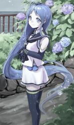  1girl black_sailor_collar black_thighhighs blue_eyes blue_hair commentary_request dated elbow_gloves feet_out_of_frame flower gloves gradient_hair highres hydrangea kantai_collection long_hair multicolored_hair neckerchief outdoors railing sailor_collar samidare_(kancolle) school_uniform serafuku shirt sleeveless sleeveless_shirt smile solo swept_bangs thigh-highs unagiman very_long_hair 