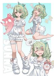  1girl alarm_clock barefoot bow breasts chinese_commentary clock closed_eyes collarbone commentary_request dress drooling frilled_dress frilled_shorts frills frown full_body green_eyes green_hair hair_ornament hairclip highres holding leg_warmers messy_hair mouth_drool multiple_views nail_polish one_eye_closed open_mouth pajamas ponytail puffy_short_sleeves puffy_sleeves short_sleeves shorts simple_background sitting slippers small_breasts spoken_squiggle squiggle standing star_(symbol) sunna_(zenless_zone_zero) thigh_strap tujiu_sama wariza yawning zenless_zone_zero 