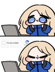  1girl :3 biting_own_lip blonde_hair blue_coat blue_eyes captcha chibi closed_eyes coat computer diana_(pragmata) hands_up highres laptop long_hair long_sleeves multiple_views otu_(o2h2_oh4) padded_coat parted_lips pragmata 