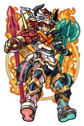  1boy apollo_(shinrabanshou) armor armored_boots axe black_armor black_horns black_pants boots closed_mouth energy_ring fire floating floating_object floating_weapon gauntlets gold_armor gold_trim green_armor green_trim harakawa_mitsuhiro helmet horns multicolored_armor official_art orange_scarf pants polearm red_armor red_eyes red_hair red_trim scarf shinrabanshou short_hair shoulder_spikes solo spear spikes third-party_source transparent_background weapon white_armor winged_helmet 
