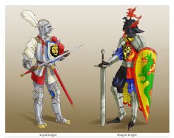  2boys armet armor axe boots brown_background cape chainmail covered_face dragon_symbol full_body gradient_background greaves hammer helmet highres lego_castle medieval multiple_boys pants realistic red_eyes riding_boots sabaton sallet shield simple_background slashed_clothing sword the_lego_group weapon white_pants wide_sleeves 