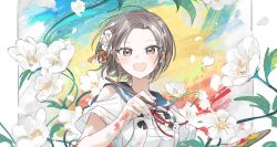  1girl :d bare_shoulders blue_sailor_collar braid breasts brown_eyes brown_hair clothing_cutout colors_of_pure_sense_(project_sekai) commentary dot_nose falling_petals floating_hair flower hair_flower hair_ornament hair_ribbon holding holding_paint_palette holding_paintbrush kaesmedubu light_blush medium_breasts neck_ribbon official_alternate_costume official_alternate_hair_ornament official_alternate_hairstyle open_mouth orange_ribbon paint_on_body paint_on_clothes paint_palette paintbrush parted_bangs petals project_sekai red_ribbon ribbon sailor_collar shinonome_ena shirt short_hair short_sleeves shoulder_cutout side_braid single_braid smile solo suspenders upper_body white_flower white_petals white_shirt 