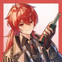  1boy absurdres black_gloves black_jacket black_necktie black_shirt border bottle closed_mouth collared_shirt commentary_request diluc_(genshin_impact) double-parted_bangs gem genshin_impact gloves hair_between_eyes highres holding holding_bottle jacket long_hair long_sleeves looking_at_viewer male_focus necktie outside_border parted_hair ponytail red_border red_eyes red_gem red_gloves shirt sleeve_cuffs smile solo tassel two-sided_gloves upper_body white_background wine_bottle wing_collar yuno_kaihara 