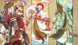  1girl 2boys blonde_hair commentary facial_mark forehead_mark green_kimono highres japanese_clothes jiraiya_(naruto) kimono kokodrawings mature_female multiple_boys namikaze_minato naruto_(series) red_kimono sash tsunade_(naruto) untranslatable_commentary white_hair white_kimono 