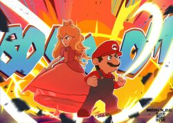  1boy 1girl blonde_hair blue_overalls commentary_request dress facial_hair hat jemuzu mario mustache overalls princess_peach red_hat super_mario_bros. 