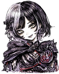  1girl armor black_armor black_hair earrings head_tilt highres hololive hololive_english jewelry looking_at_viewer multicolored_hair open_mouth shiori_novella shiori_novella_(ebony_odogaron) short_hair simple_background solo split-color_hair teeth tsukihi_shida upper_teeth_only virtual_youtuber white_background white_hair yellow_eyes 