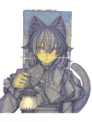  1girl animal_ear_fluff animal_ears architecture black_hair black_jacket black_shirt blush border breasts cat_ears cat_tail dated east_asian_architecture highres jacket jitome light_particles long_bangs long_sleeves looking_at_viewer making-of_available medium_breasts meiz night original outdoors outline painting_(medium) pink_outline puffy_sleeves red_eyes red_lips scenery serious shikishi shirt signature solo sparkle star_(sky) tail traditional_media upper_body watercolor_(medium) white_border 