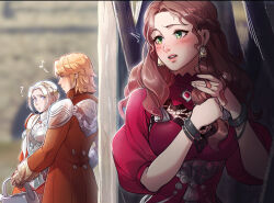  1boy 2girls ? blurry blurry_background blush boobplate breasts brown_hair closed_mouth coat commentary dorothea_arnault dress earrings edelgard_von_hresvelg english_commentary ferdinand_von_aegir fire_emblem fire_emblem:_three_houses fire_emblem_warriors floof_n_wool green_eyes grey_eyes highres holding jewelry large_breasts long_hair looking_at_another multiple_girls musical_note official_alternate_costume official_alternate_hairstyle open_mouth orange_eyes orange_hair parted_bangs peeking red_coat red_dress silver_armor spoken_musical_note teeth three-quarter_sleeves twirling_hair upper_body upper_teeth_only wristband 
