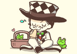  1boy absurdres argyle_clothes argyle_hat basket black_hair black_hat black_shoes bow bowtie chibi chibi_only closed_eyes closed_mouth coat commentary commentary_request crossed_legs facial_hair food frog full_body green_bow green_bowtie handkerchief hat heart highres holding holding_food holding_sandwich jojo_no_kimyou_na_bouken long_sleeves m_a_a_m_8 male_focus musical_note mustache pants phantom_blood picnic_basket red_shirt red_vest sandwich shirt shoes short_hair simple_background sitting smile solo top_hat u_u vest white_coat white_hat white_pants will_anthonio_zeppeli 