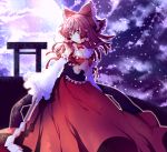  1girl alternate_costume bow brown_eyes brown_hair choker detached_sleeves dress expressionless frills gathers gohei hair_bow hakurei_reimu highres light_particles red_dress riichu solo torii touhou 