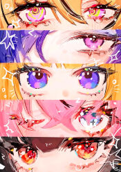  +_+ 5girls @_@ aria_(zenless_zone_zero) black_hair blonde_hair blue_eyes close-up column_lineup commentary_request crossed_bangs hair_between_eyes hair_over_one_eye highres multiple_girls nangong_yu norma_(zenless_zone_zero) one_eye_closed pink_eyes pink_hair pof_h0 promeia_(zenless_zone_zero) purple_hair red_eyes star_(symbol) violet_eyes yidhari_murphy zenless_zone_zero 
