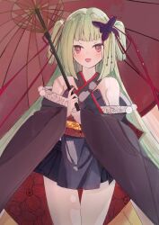  1girl :d absurdres bare_shoulders black_kimono black_skirt blunt_bangs blunt_ends blush breasts butterfly_hair_ornament commentary_request cowboy_shot criss-cross_halter fang green_hair hair_ornament hair_ribbon halterneck hands_up highres hime_cut holding holding_umbrella japanese_clothes kimono long_hair long_ribbon long_sleeves looking_at_viewer miniskirt murasame_(senren) oil-paper_umbrella open_mouth pleated_skirt pom_pom_(clothes) red_eyes red_pupils red_ribbon red_umbrella ribbon senren_banka sidelocks skin_fang skirt small_breasts smile solo straight_hair thigh_gap two_side_up umbrella user_gtxr3523 v-shaped_eyebrows very_long_hair wide_sleeves 