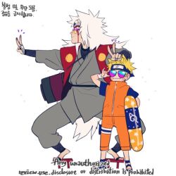  2boys commentary_request deogbab facial_mark flak_jacket forehead_protector jacket jiraiya_(naruto) konohagakure_symbol korean_commentary male_focus multiple_boys naruto_(series) orange_jacket orange_pants pants spiky_hair sunglasses teacher_and_student uzumaki_naruto whisker_markings 