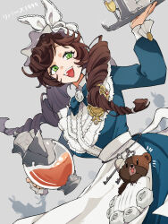  1girl apron bib_collar blue_bow blue_dress bow brown_hair bunny_bunny_(reverse:1999) dress drill_hair green_eyes grey_background hands_up headscarf highres holding holding_teapot holding_tray kaeru_(uj26cobrsv) key long_hair long_sleeves low_twintails official_alternate_costume reverse:1999 solo stuffed_animal stuffed_toy teapot teddy_bear teeth tray twin_drills twintails upper_body upper_teeth_only waist_apron waitress white_apron white_headscarf 