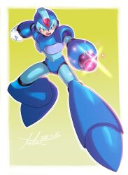  1boy android arm_cannon armor blue_armor blue_helmet clenched_hand dashing dated forehead_jewel full_body gloves green_background green_eyes helmet highres kamiyama_teten mega_man_(series) mega_man_x_(series) robot robot_ears screaming signature simple_background solo two-tone_background weapon white_background white_gloves x_(mega_man) 