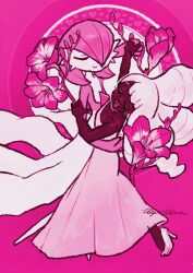  2girls absurdres alternate_color alternate_costume alternate_shiny_pokemon arm_around_another's_waist arm_up artist_name bare_shoulders bob_cut closed_eyes closed_mouth colored_skin commentary dancing dark-skinned_female dark_skin dip_(dance_move) dress flat_chest flower gardevoir hair_over_one_eye hand_on_another's_arm happy heel_up hibiscus high_heels highres holding_hands interlocked_fingers jacinthe_(pokemon) leaning_back long_dress long_hair multicolored_skin multiple_girls no_feet one_eye_covered open_mouth outstretched_arm pink_background pink_dress pink_flower pink_hair pink_shoes pink_skin pink_theme pokemon pokemon_(creature) pokemon_legends:_z-a shoes short_hair sidelocks signature smile strapless strapless_dress tepetom_(77hhaarruu) two-tone_skin u_u very_dark_skin white_hair white_skin 
