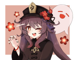  1girl bead_bracelet beads black_hat black_nails blush bracelet brown_hair chinese_clothes coattails flower flower-shaped_pupils genshin_impact ghost hair_between_eyes hand_up hat hat_flower hat_tassel highres hu_tao_(genshin_impact) jewelry long_hair long_sleeves looking_at_viewer mottarerati_zu multiple_rings one_eye_closed open_mouth plum_blossoms porkpie_hat red_eyes ring simple_background smile solo symbol-shaped_pupils tailcoat twintails very_long_hair wide_sleeves 