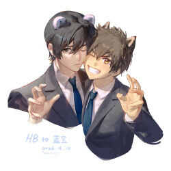  2boys ace_of_diamond animal_ears black_jacket blue_necktie brown_eyes collared_shirt cropped_torso dated dog_ears furuya_satoru grin happy_birthday highres jacket looking_at_viewer male_focus multiple_boys necktie one_eye_closed panda_ears paw_pose sawamura_eijun shirt smile upper_body white_background white_shirt ykim01989882 