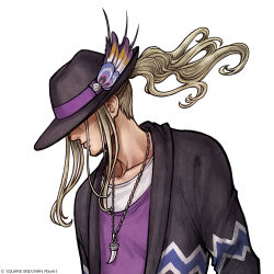  1boy collarbone copyright_notice dissidia_duellum_final_fantasy dissidia_final_fantasy fedora final_fantasy final_fantasy_iv hat hat_feather hat_over_eyes jewelry kain_highwind kain_highwind_(casual_dragoon) necklace official_alternate_costume official_art partially_shaded_face ponytail simple_background solo tooth_necklace upper_body 