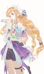  1girl absurdres ame_(2453323719) bare_shoulders blue_eyes body_markings bouquet braid braided_sidelocks cellphone commentary highres holding holding_bouquet holding_phone jacket long_hair navel orange_hair parted_lips phone pointy_ears purple_jacket purple_shorts shorts sidelocks sigrika_(wuthering_waves) simple_background smartphone solo veil white_background white_veil wuthering_waves 