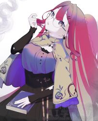  1girl absurdres baobhan_sith_(fate) baobhan_sith_(swimsuit_pretender)_(second_ascension)_(fate) black_skirt book book_on_lap capelet commentary_request detached_sleeves earrings fate/grand_order fate_(series) glasses grey_capelet grey_eyes hair_between_eyes hair_intakes highres jewelry long_hair looking_at_viewer open_mouth pointy_ears ponytail purple_shirt red_hair round_eyewear sayuyuge shirt sidelocks skirt solo white_background 