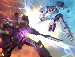  2boys arm_cannon blue_eyes brothers commentary english_commentary english_text highres holding holding_sword holding_weapon matrix_of_leadership mechanical_arms mechanical_legs megatronus multiple_boys ongget1 polearm prima_(transformers) requiem_blaster robot siblings signature spear star_saber_(weapon)_(transformers) sword transformers weapon yellow_eyes 