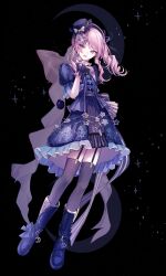  1other absurdres aegyo_sal akiyama_mizuki arm_behind_back black_background black_bow black_flower black_garter_straps black_hairband black_hat black_rose black_skirt black_wrist_cuffs blue_dress blue_theme boots bow collared_dress commentary crescent dress drill_hair drill_ponytail drill_sidelocks fingernails flower footwear_bow frilled_dress frilled_hat frilled_sleeves frilled_wrist_cuffs frills full_body furrowed_brow garter_straps gem gold_trim grey_bow grey_thighhighs hair_ribbon hairband hat hat_bow high_side_ponytail highres holding layered_clothes long_hair looking_at_viewer minasoko_ni_kage_wo_sagashite_(project_sekai) official_alternate_costume official_alternate_hair_ornament open_mouth other_focus pearl_(gemstone) pink_eyes pink_hair pipi_(pipinavigation) ponytail project_sekai puffy_short_sleeves puffy_sleeves puritan_collar purple_boots purple_bow purple_dress purple_ribbon purple_theme ribbon rose short_sleeves side_ponytail sidelocks skirt skirt_under_dress solo sparkle star_(symbol) swept_bangs tassel teeth thigh-highs tongue two-tone_dress upper_teeth_only wrist_cuffs zettai_ryouiki 