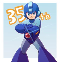  1girl android anniversary arm_cannon blue_background blue_bodysuit blue_eyes blue_gloves blue_helmet bodysuit closed_mouth commentary_request gloves helmet highres kamiyama_teten mega_man_(character) mega_man_(classic) mega_man_(series) robot robot_ears signature smile solo standing two-tone_background upper_body weapon white_background 
