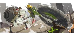  1girl absurdres animal_bag bangboo_(zenless_zone_zero) bear_bag bent_over black_boots black_dress boots boqee charm_(object) circular_saw commentary corin_wickes cuffs dress full_body green_hair highres holding holding_weapon knee_boots long_hair maid maid_headdress puffy_short_sleeves puffy_sleeves saw short_sleeves twintails weapon zenless_zone_zero zipper_pull_tab 