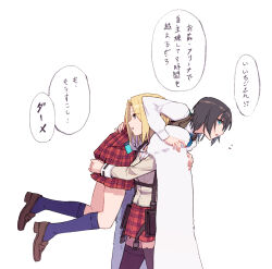  2girls aoi_erika black_hair blonde_hair blue_eyes carrying carrying_person coat commentary_request from_side fur_coat heaven_burns_red highres minase_ichigo multiple_girls short_hair simple_background socks speech_bubble thigh-highs wbon white_background white_fur 