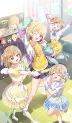  >_< 4girls arms_up blonde_hair blue_skirt blush bow braid character_request closed_eyes commentary_request dress fujita_kotone gakuen_idolmaster glowstick idolmaster jacket long_hair long_sleeves looking_at_viewer low_twintails masamune_mino multiple_girls one_eye_closed open_clothes open_jacket open_mouth pleated_skirt puffy_sleeves shirt short_sleeves shorts skirt smile socks standing standing_on_one_leg suspender_skirt suspenders twin_braids twintails v visor_cap white_shirt yellow_dress yellow_eyes yellow_shirt 