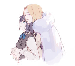  2girls aoi_erika black_hair blue_eyes brown_hair closed_eyes closed_mouth coat commentary_request from_side fur_coat heaven_burns_red highres hug hug_from_behind minase_ichigo multiple_girls simple_background wbon white_background white_fur yuri 