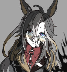  1girl ahoge animal_ear_piercing animal_ears asymmetrical_bangs asymmetrical_clothes asymmetrical_hair black_liquid blood blood_on_face blood_splatter blue_eyes chain collared_shirt colored_inner_animal_ears dream_journey_(reminder_of_dreamland)_(umamusume) dream_journey_(umamusume) ear_ornament expressionless eyewear_strap from_above grey-framed_eyewear grey_background grey_hair highres horse_ears horse_girl horse_tail implied_murder jacket leather_body_harness leather_strap looking_at_viewer looking_over_eyewear multicolored_hair puffy_short_sleeves puffy_sleeves red_light red_shirt shirt short_sleeves silver_chain silver_ring single_hair_intake songdu streaked_hair tail tinted_eyewear umamusume white_hair white_streaks yellow-tinted_eyewear 